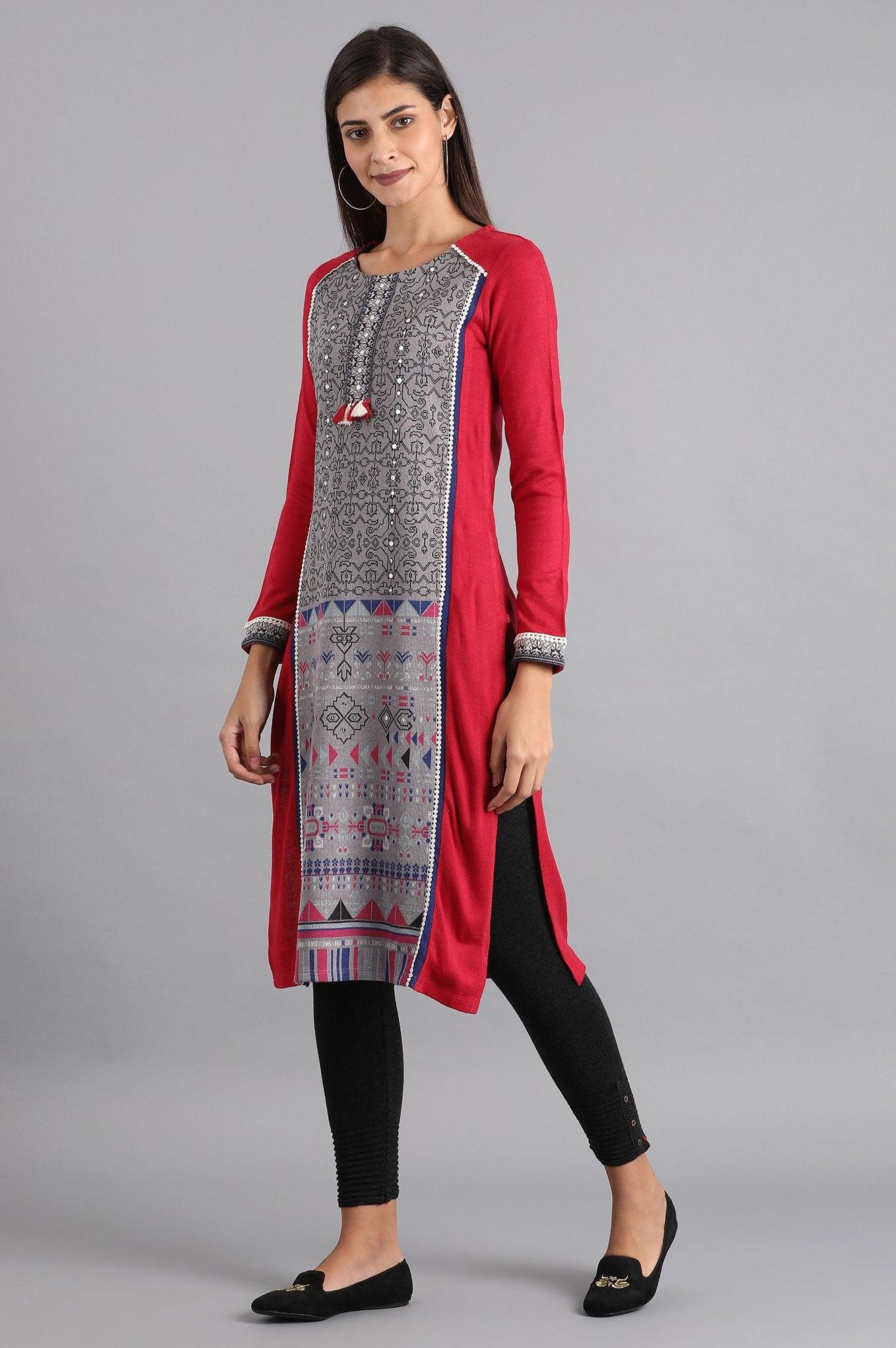 Red Round Neck Winter kurta - wforwoman