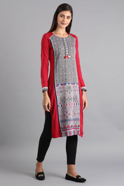Red Round Neck Winter kurta - wforwoman
