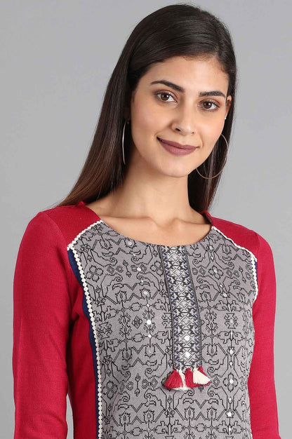 Red Round Neck Winter kurta - wforwoman