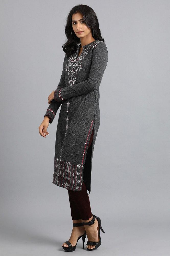 Grey Mandarin Neck Yarn-dyed Winter kurta - wforwoman