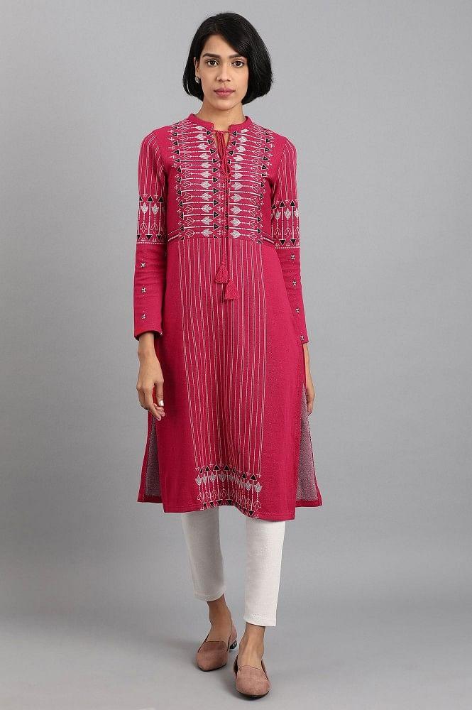 Pink Mandarin Neck Winter kurta - wforwoman