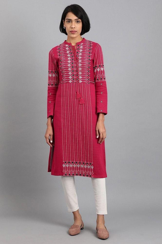 Pink Mandarin Neck Winter kurta - wforwoman