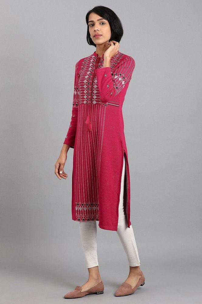 Pink Mandarin Neck Winter kurta - wforwoman