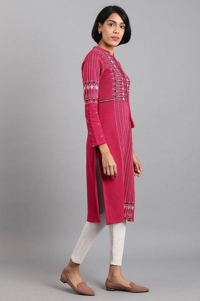Pink Mandarin Neck Winter kurta - wforwoman