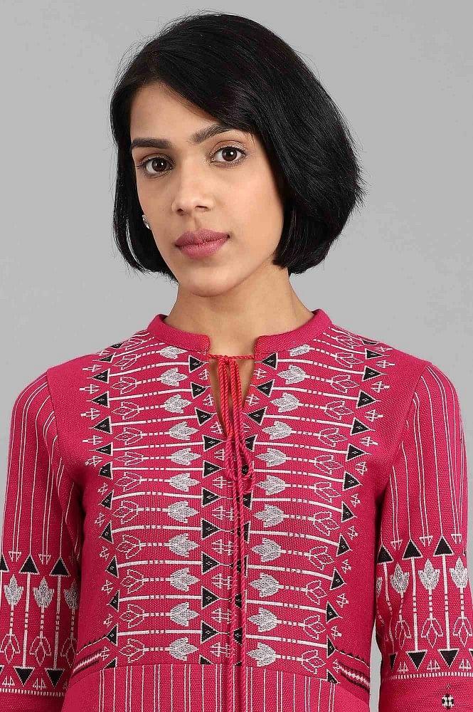 Pink Mandarin Neck Winter kurta - wforwoman