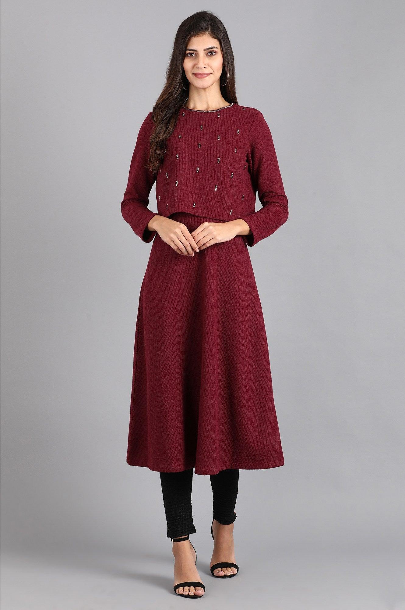 Wine Round Neck Winter kurta - wforwoman
