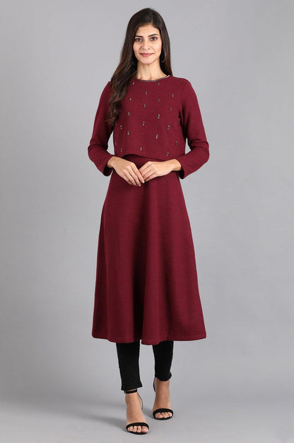 Wine Round Neck Winter kurta - wforwoman