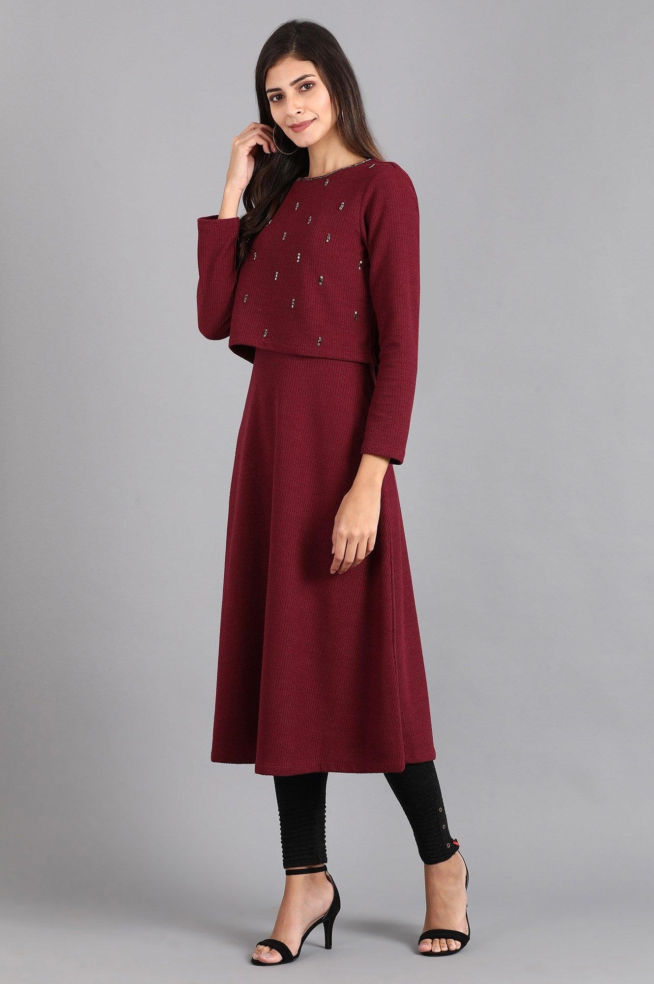 Wine Round Neck Winter kurta - wforwoman