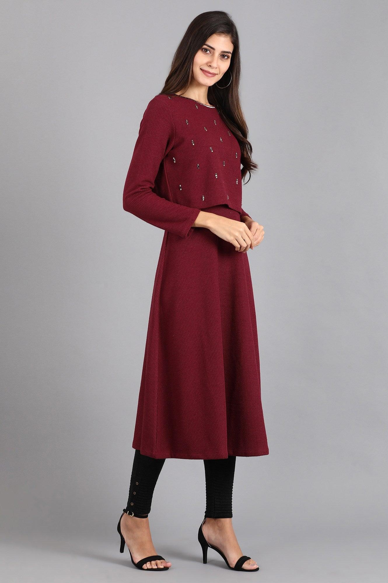 Wine Round Neck Winter kurta - wforwoman