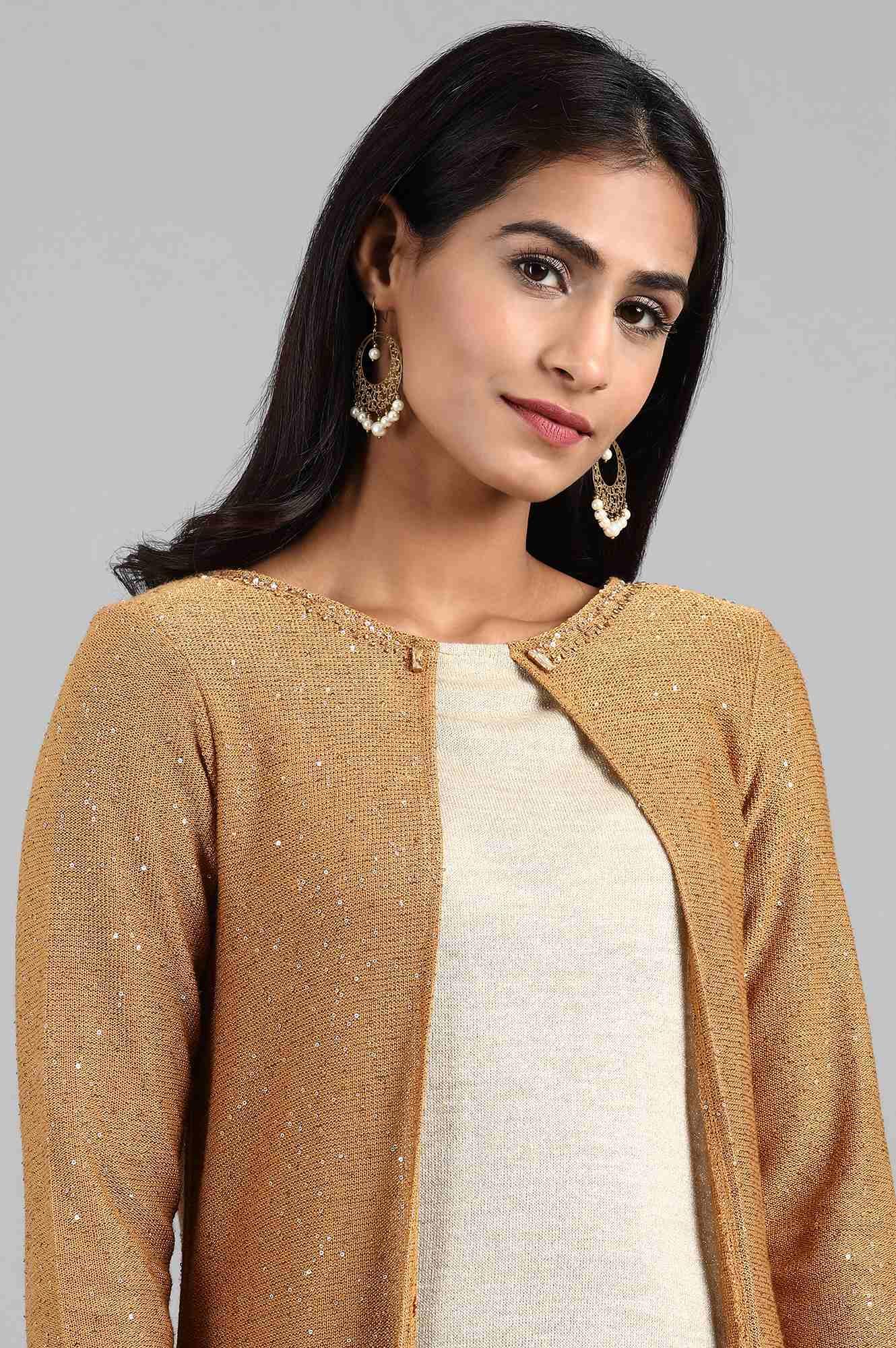 Gold Round Neck Winter kurta - wforwoman