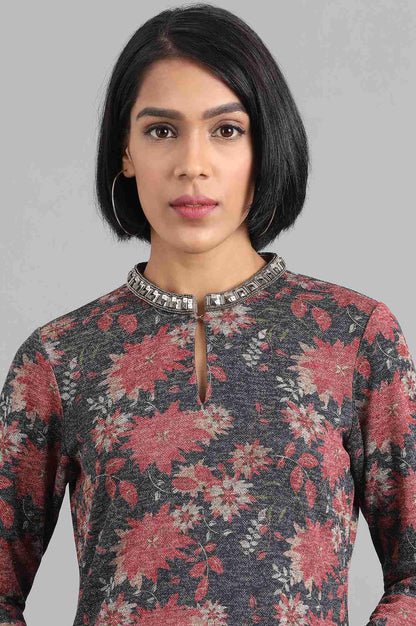 Navy Blue &amp; Red Mandarin Neck Winter kurta - wforwoman