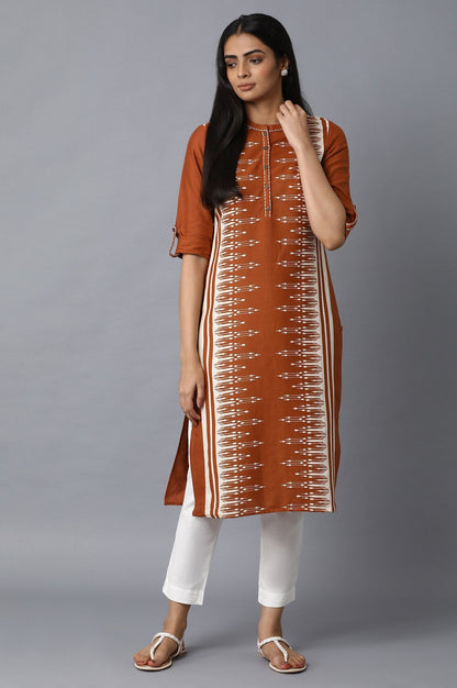 Rust Ikat Printed Embroidered Straight Kurta
