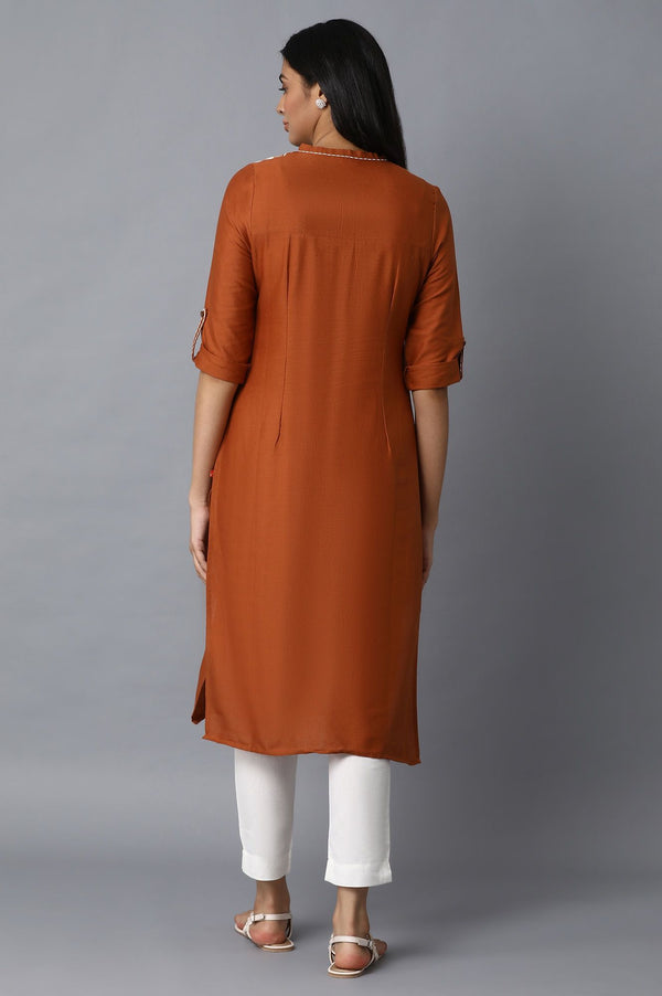 Rust Ikat Printed Embroidered Straight Kurta