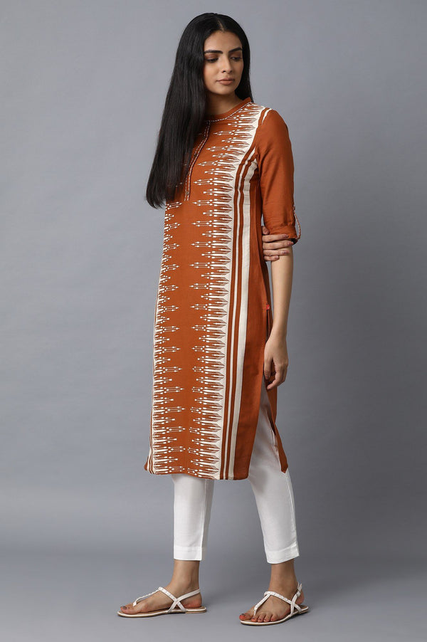 Rust Ikat Printed Embroidered Straight Kurta