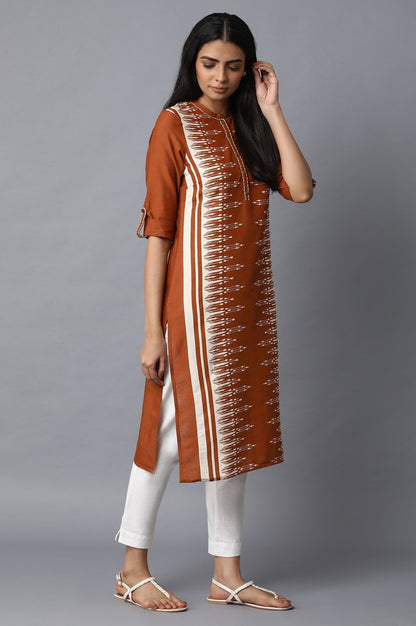 Rust Ikat Printed Embroidered Straight Kurta