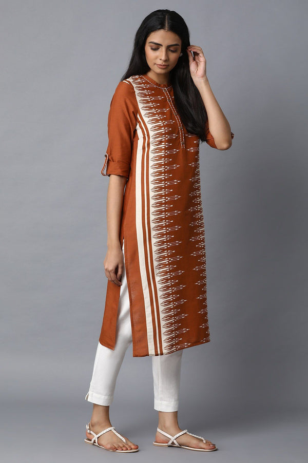 Rust Ikat Printed Embroidered Straight Kurta