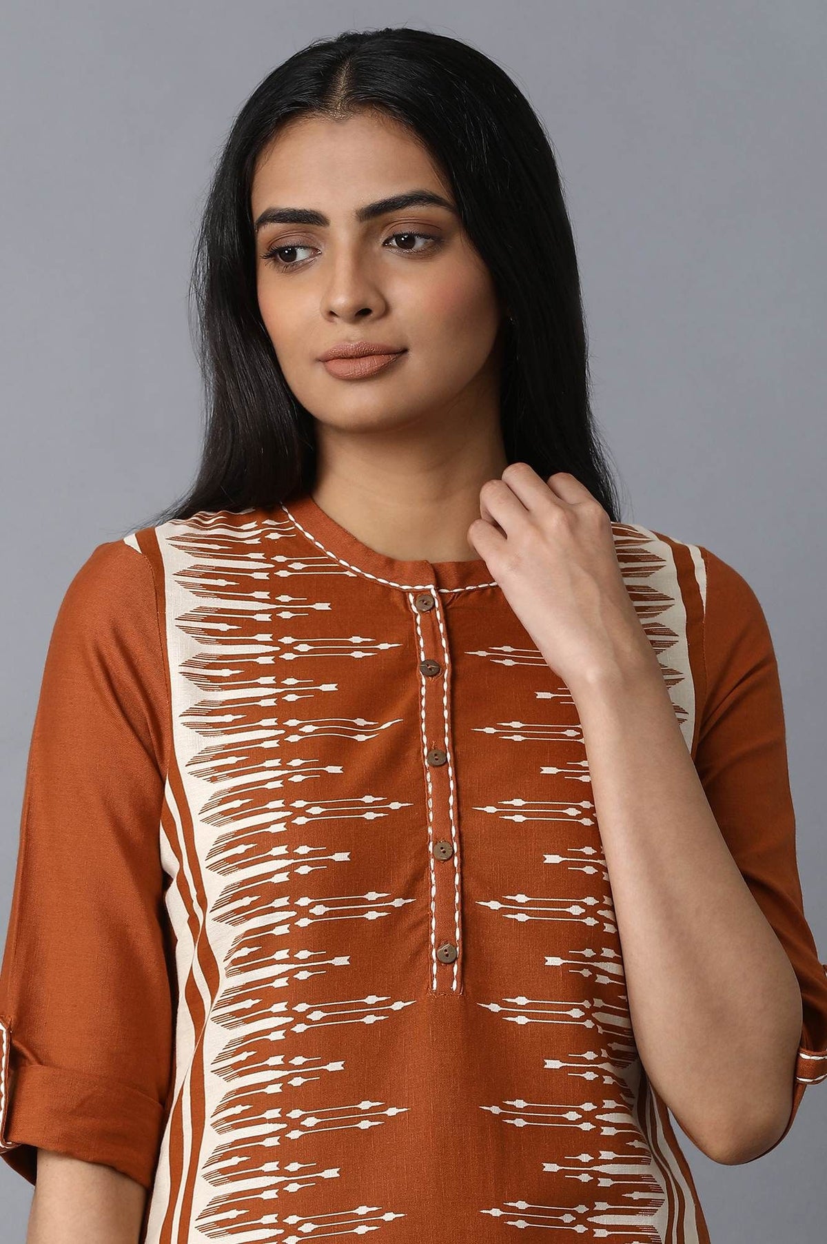 Rust Ikat Printed Embroidered Straight Kurta