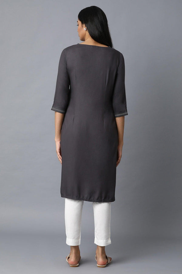 Dark Grey Solid kurta with Floral Embroidery