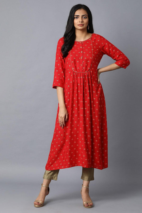 Red A-Line Gathered Printed kurta