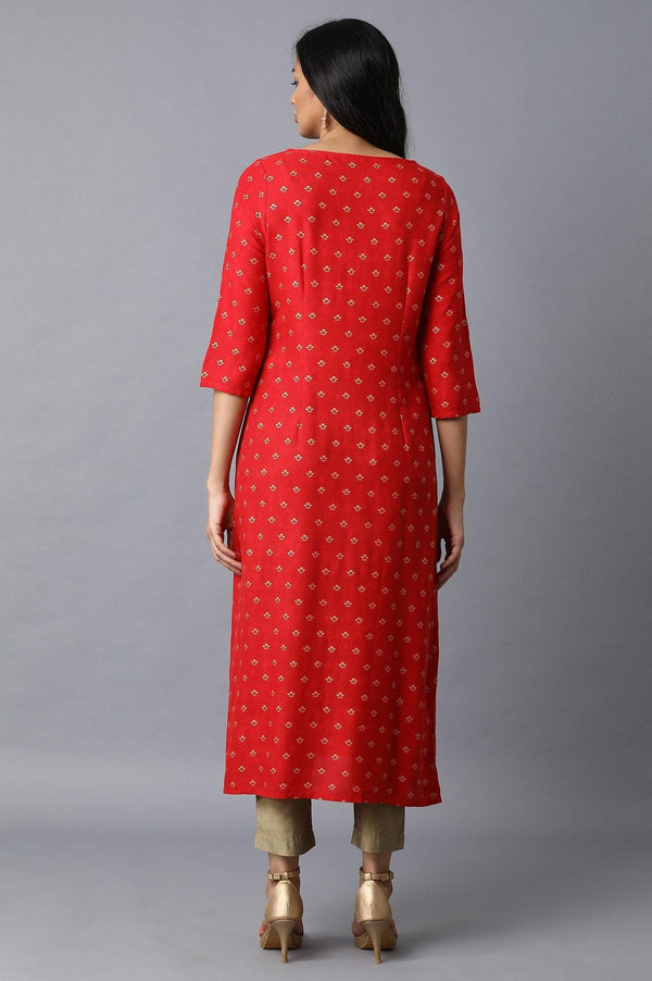 Red A-Line Gathered Printed kurta