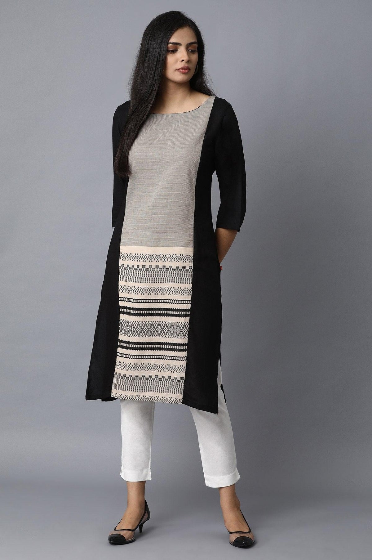 Black Rayon kurta with Centre Dobby Panel - XS