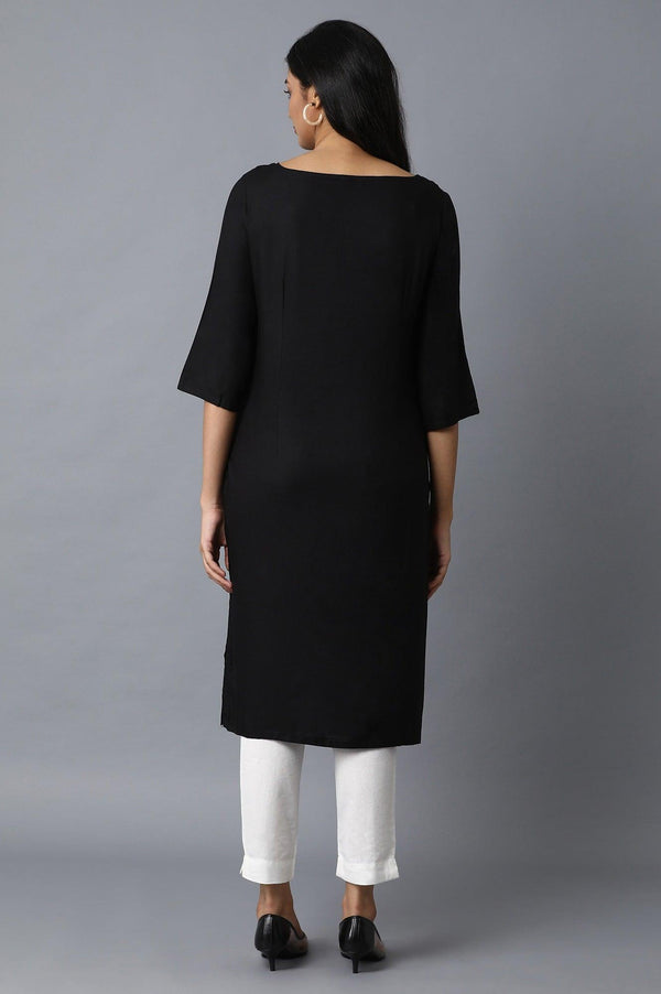 Black Rayon kurta with Centre Dobby Panel