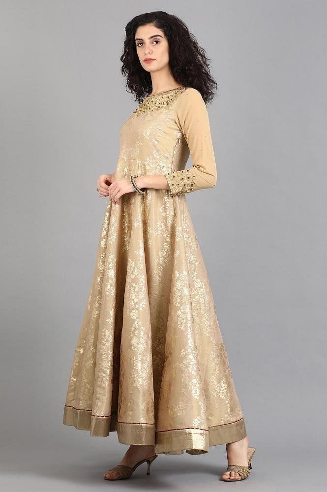 Beige Round Neck Printed Gown - wforwoman