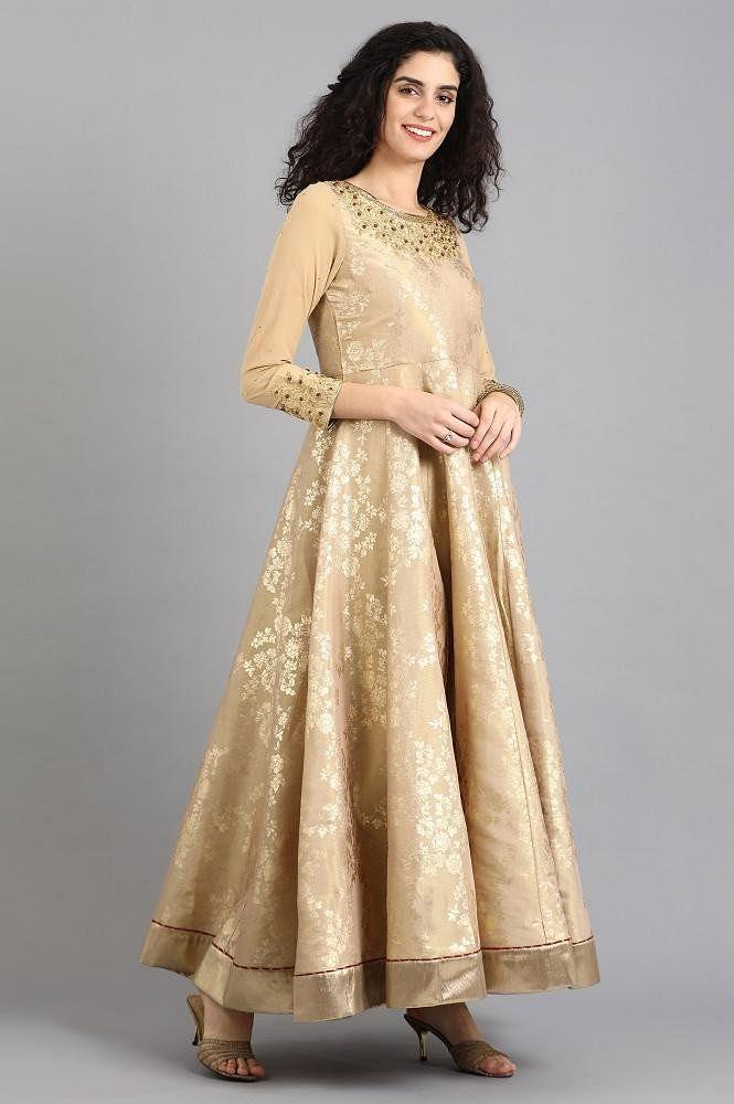 Beige Round Neck Printed Gown - wforwoman