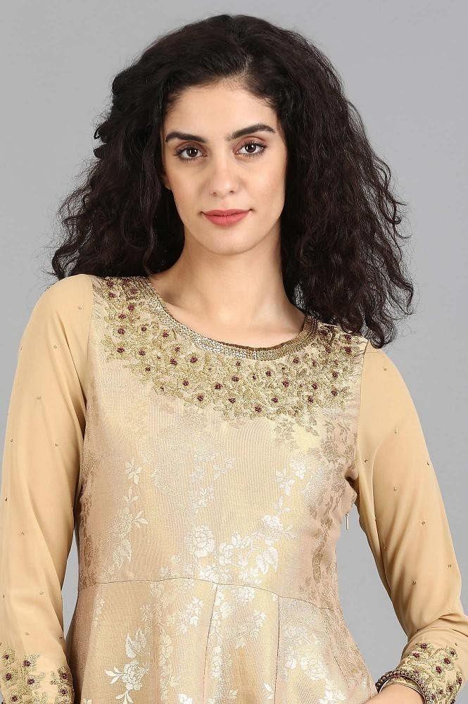 Beige Round Neck Printed Gown - wforwoman