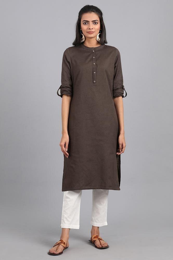 Grey Mandarin Neck Solid kurta - wforwoman