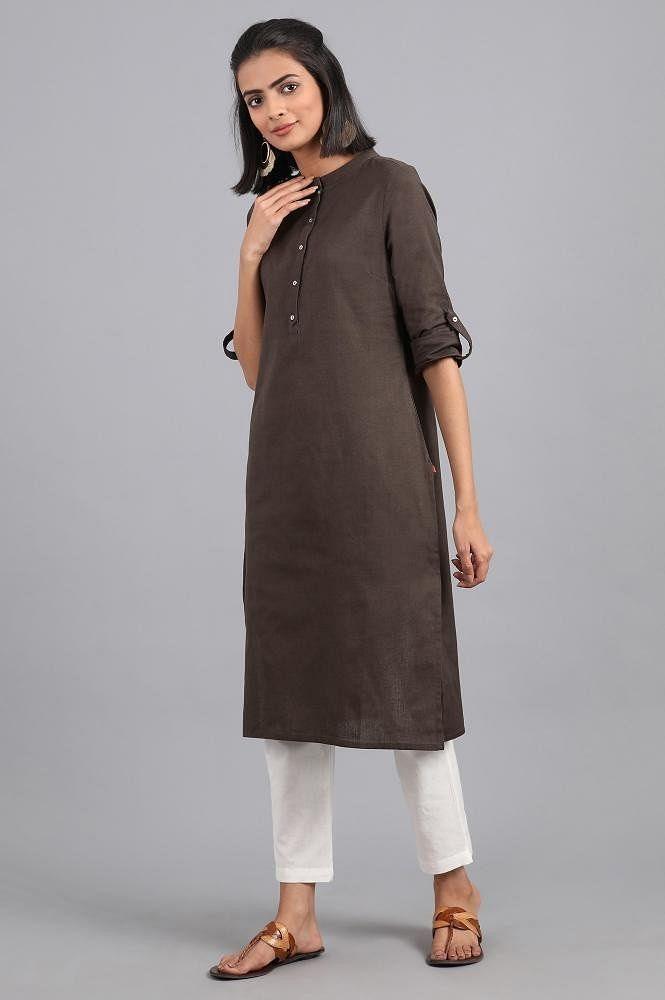 Grey Mandarin Neck Solid kurta - wforwoman