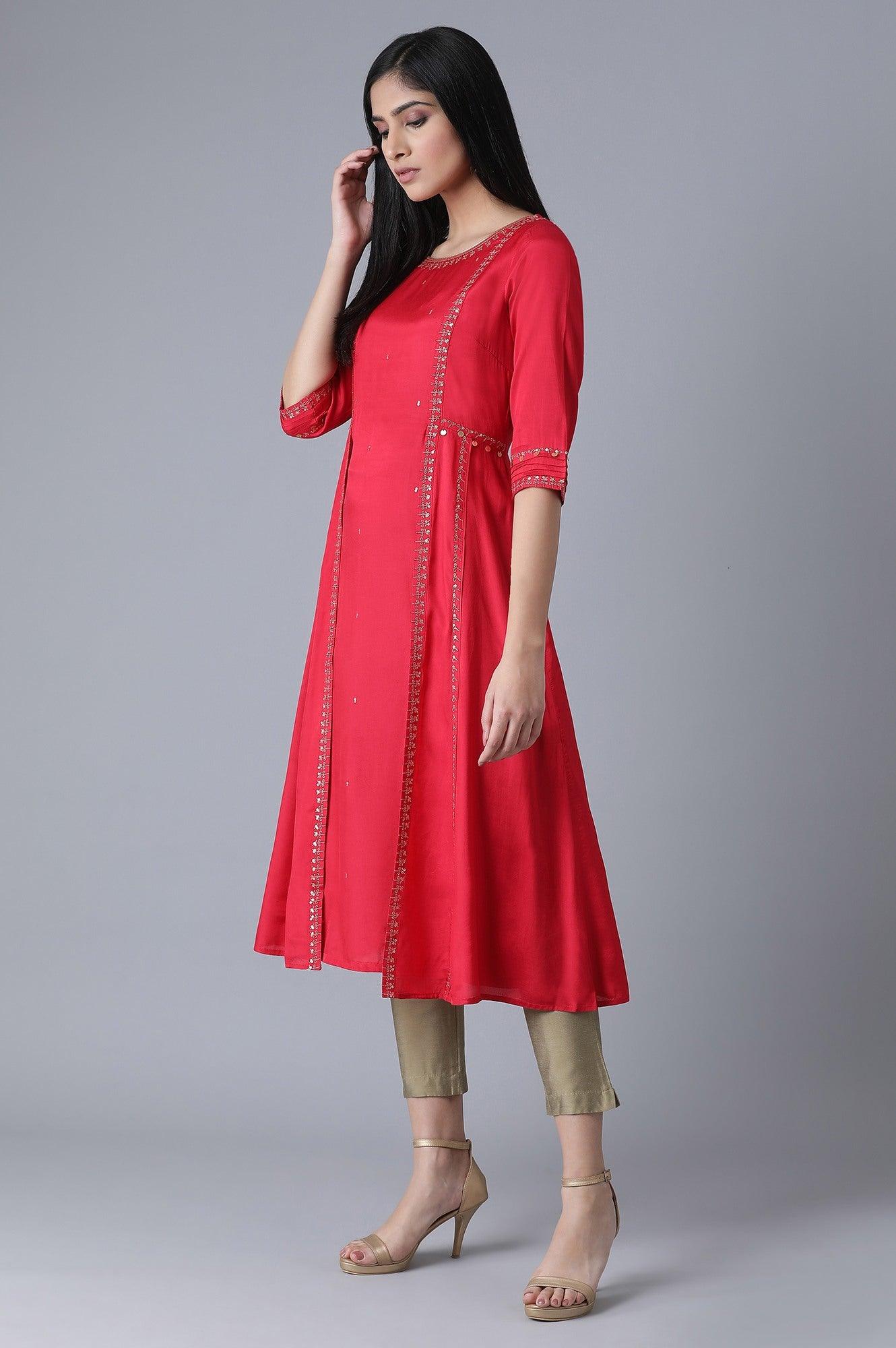 Red Mocklayer Solid kurta - wforwoman
