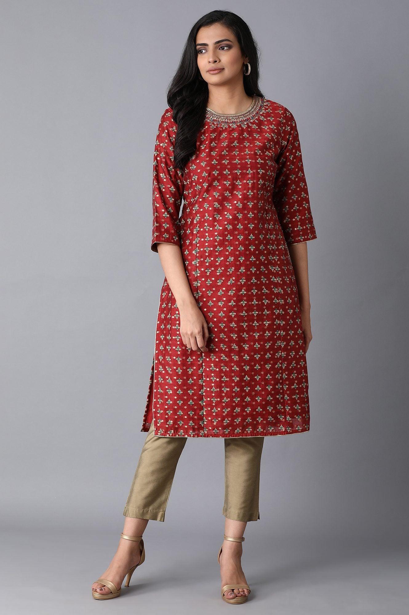 Dark Red Jacquard kurta - wforwoman