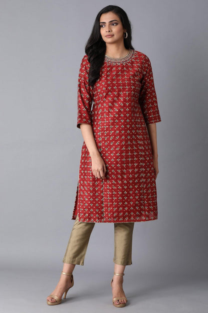 Dark Red Jacquard kurta - wforwoman