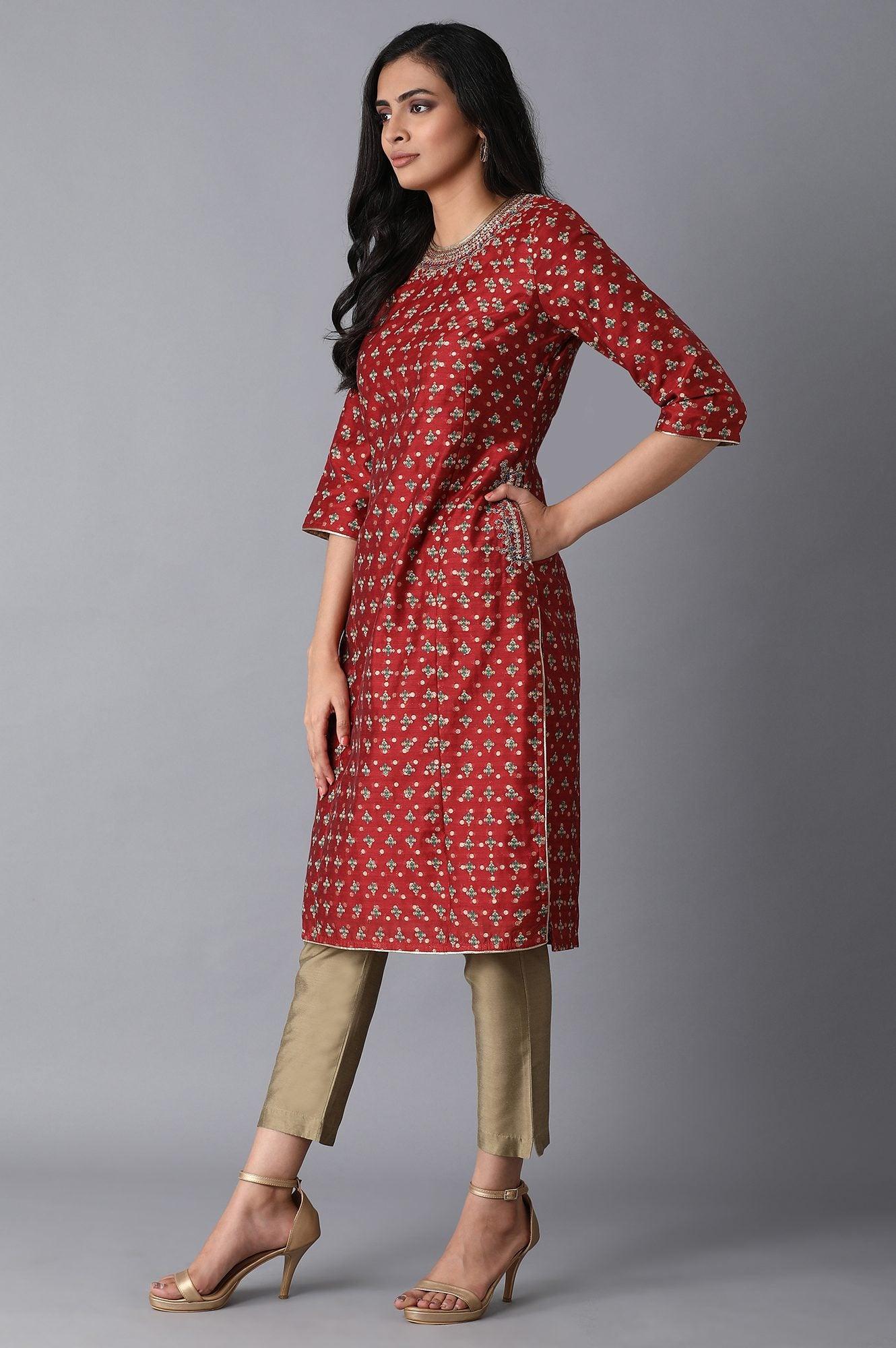 Dark Red Jacquard kurta - wforwoman
