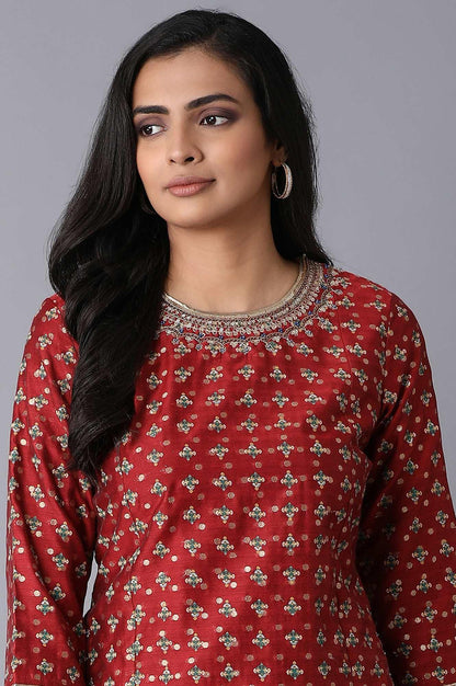 Dark Red Jacquard kurta - wforwoman