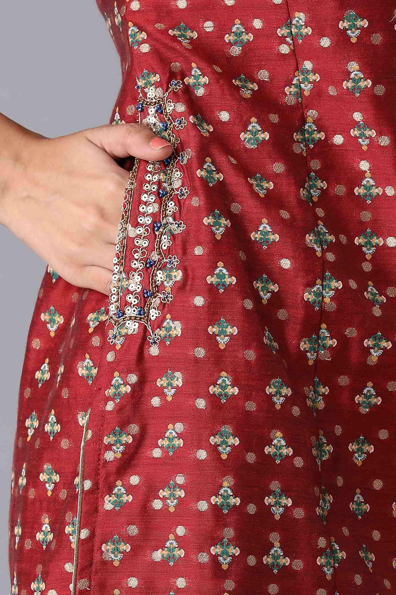 Dark Red Jacquard kurta - wforwoman
