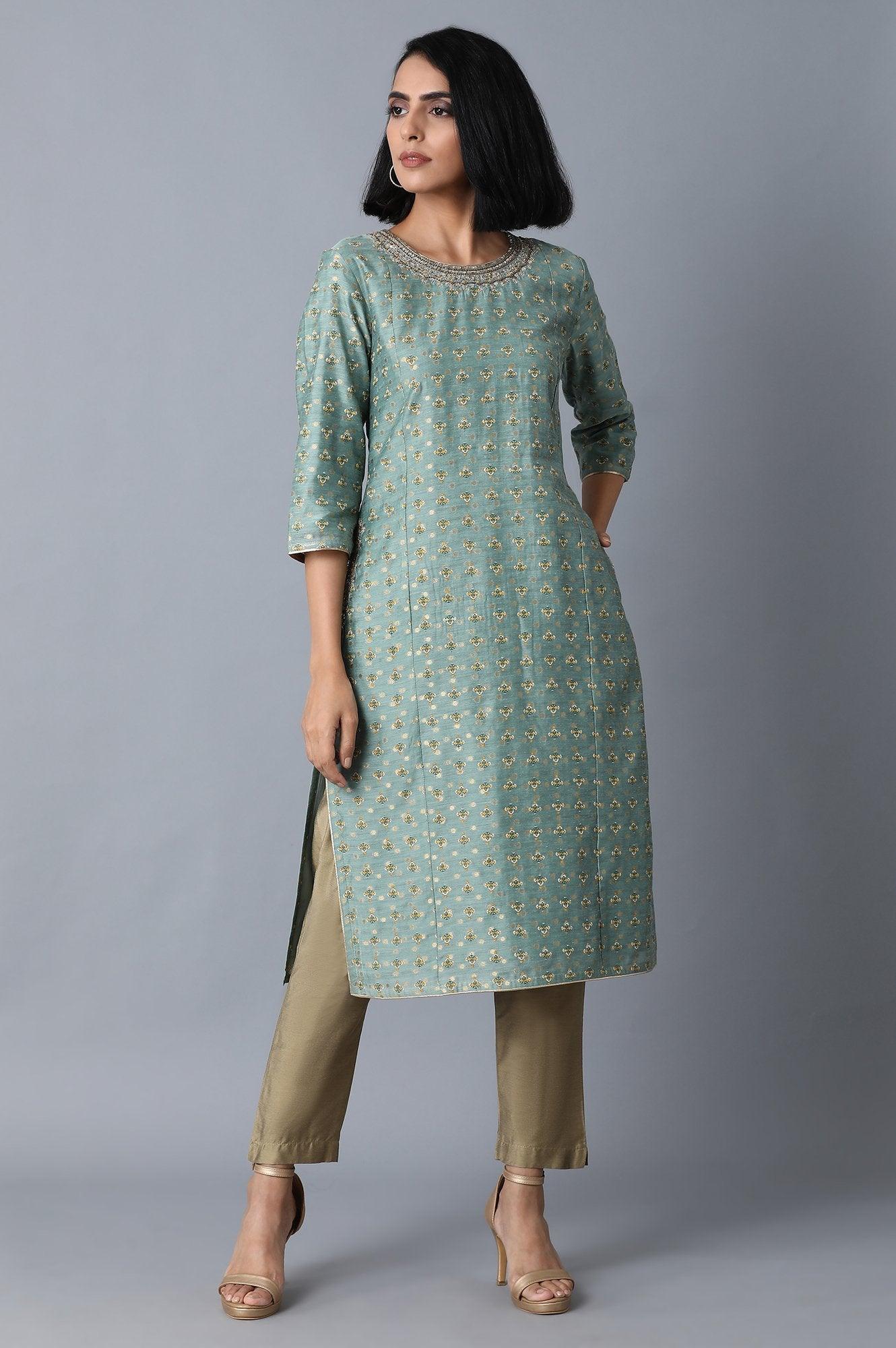 Mint Green Jacquard kurta - wforwoman