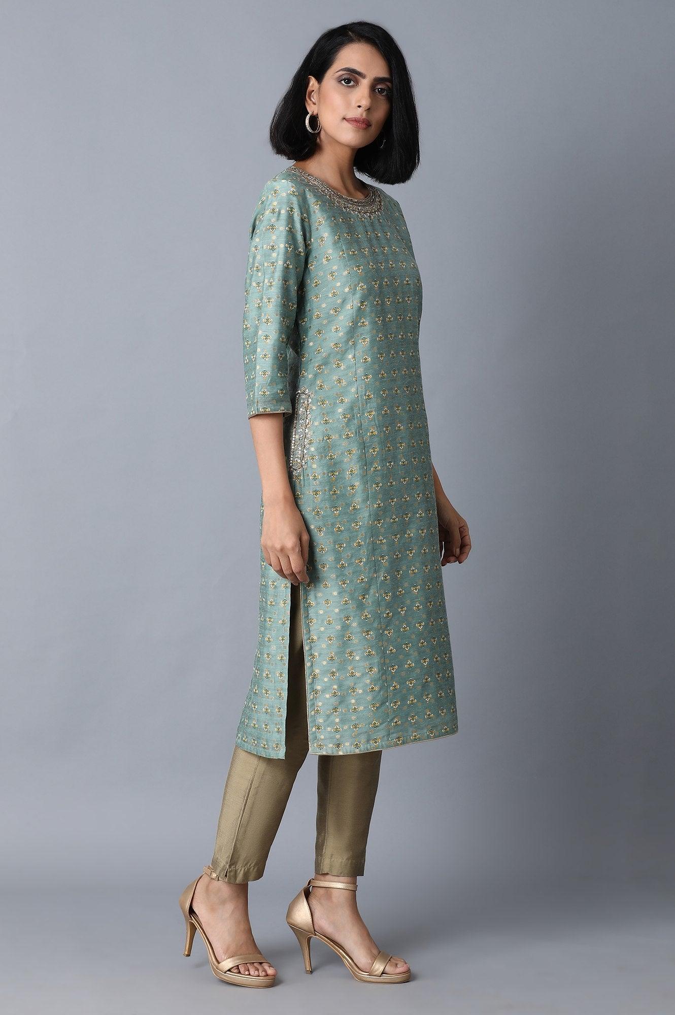 Mint Green Jacquard kurta - wforwoman