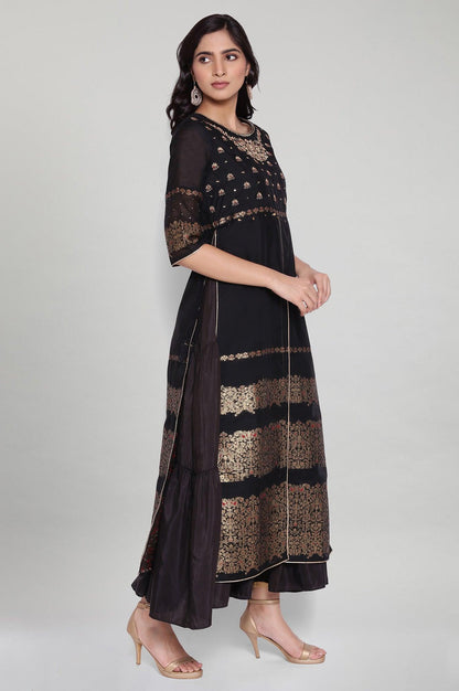 Black Jacquard Mock Layered Dress - wforwoman