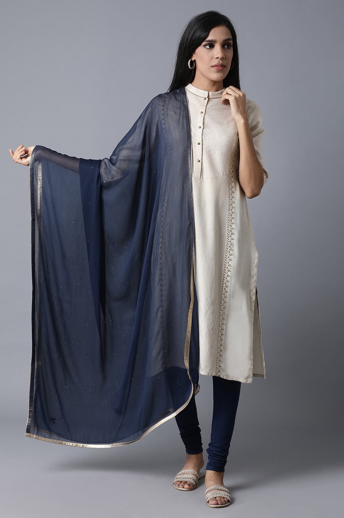 Navy Blue Mukaish Dupatta - FS