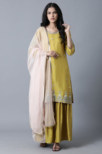 Olive Green Embroidered kurta-Sharara Set