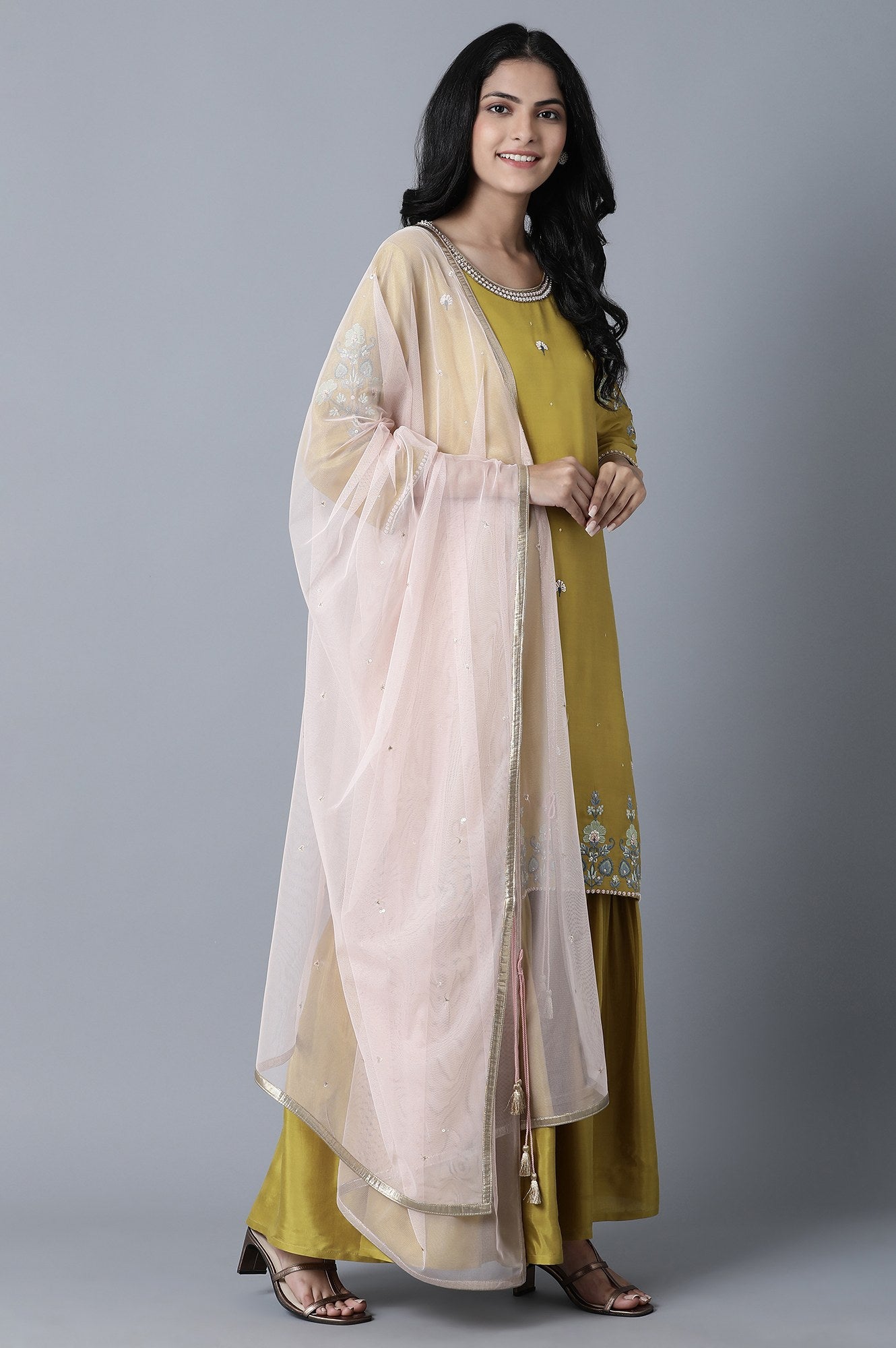 Olive Green Embroidered kurta-Sharara Set
