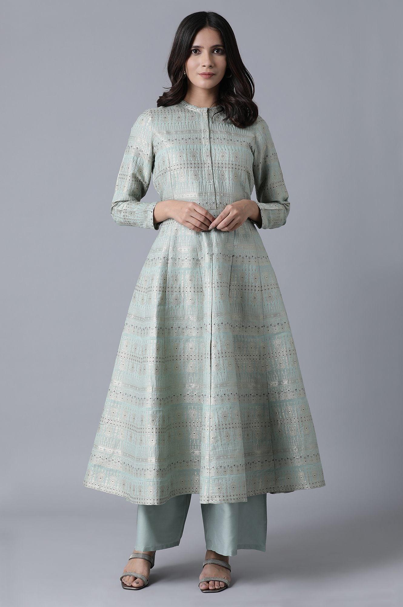 Signature Green A-Line kurta-Parallel Pants Set - wforwoman