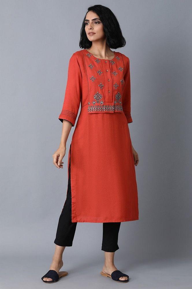 Burnt Orange Embroidered kurta - XS