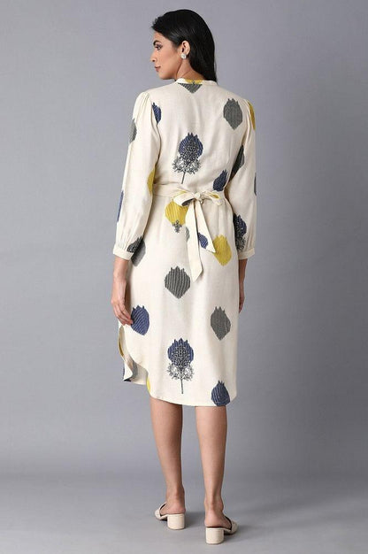 Ecru Polka Print Pleated Dress - wforwoman