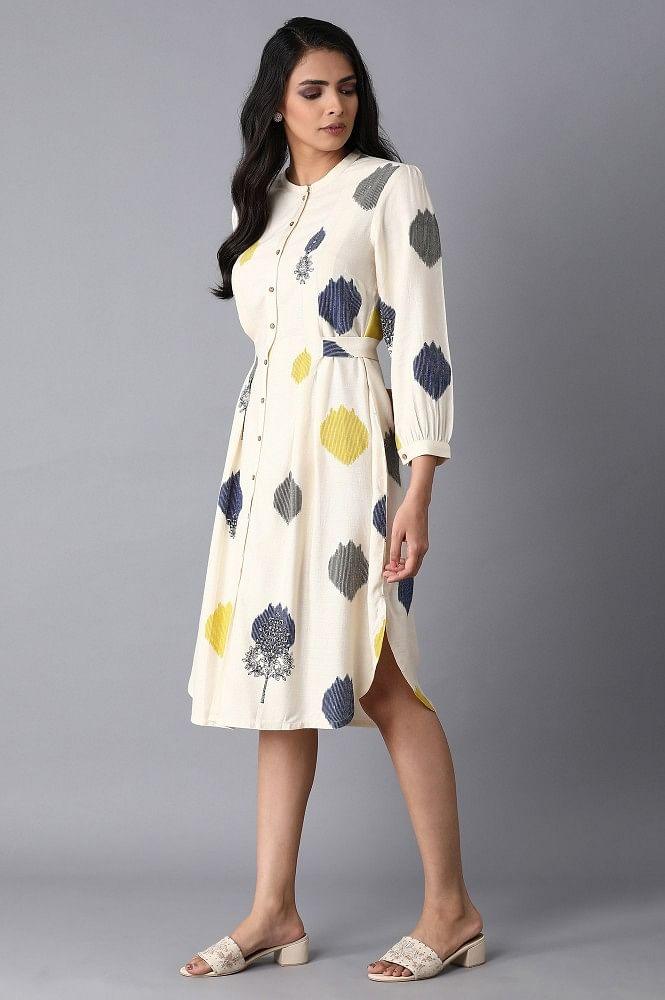 Ecru Polka Print Pleated Dress - wforwoman