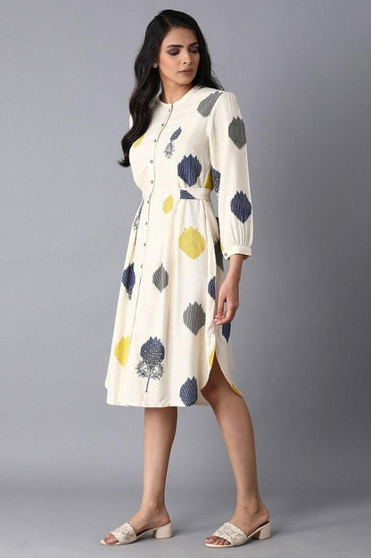 Ecru Polka Print Pleated Dress - wforwoman