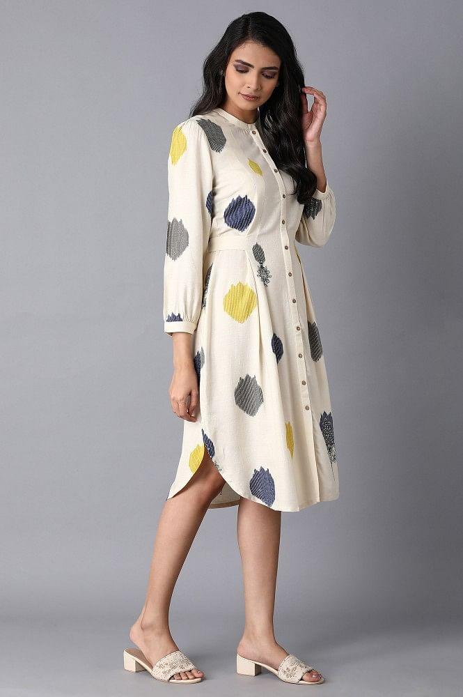 Ecru Polka Print Pleated Dress - wforwoman