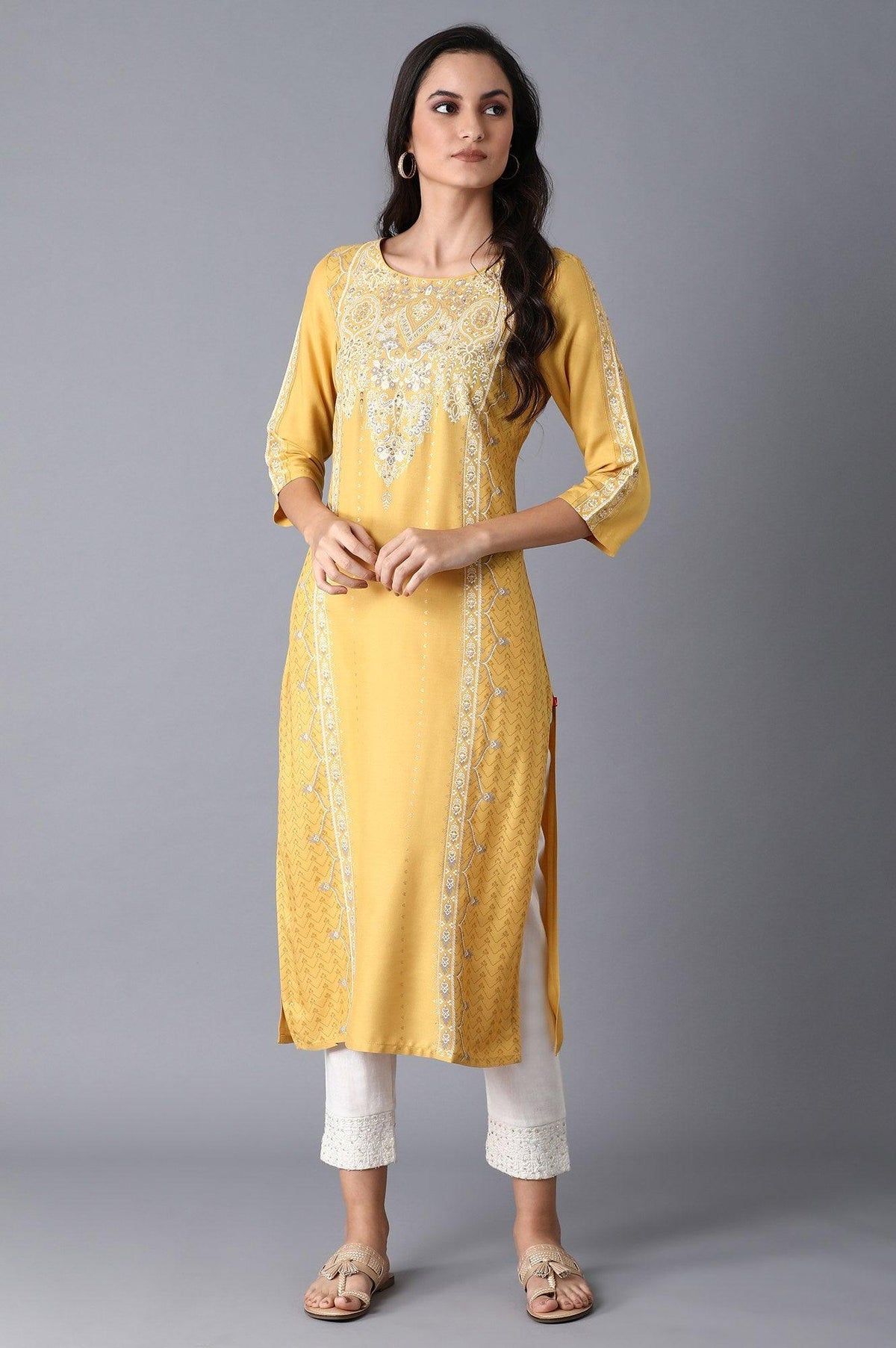 Yellow Placement Print kurta - XS